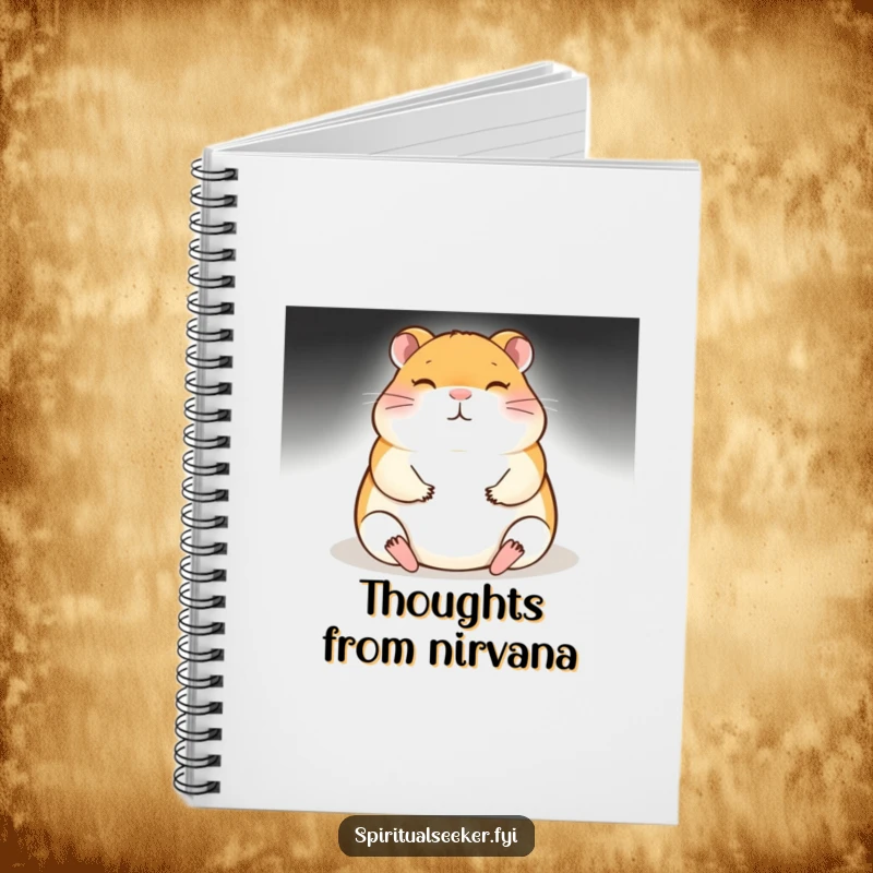 Funny meditating hamster notebook, glowing softly as it encourages mindful writing and creative thought. A humorous and functional gift.