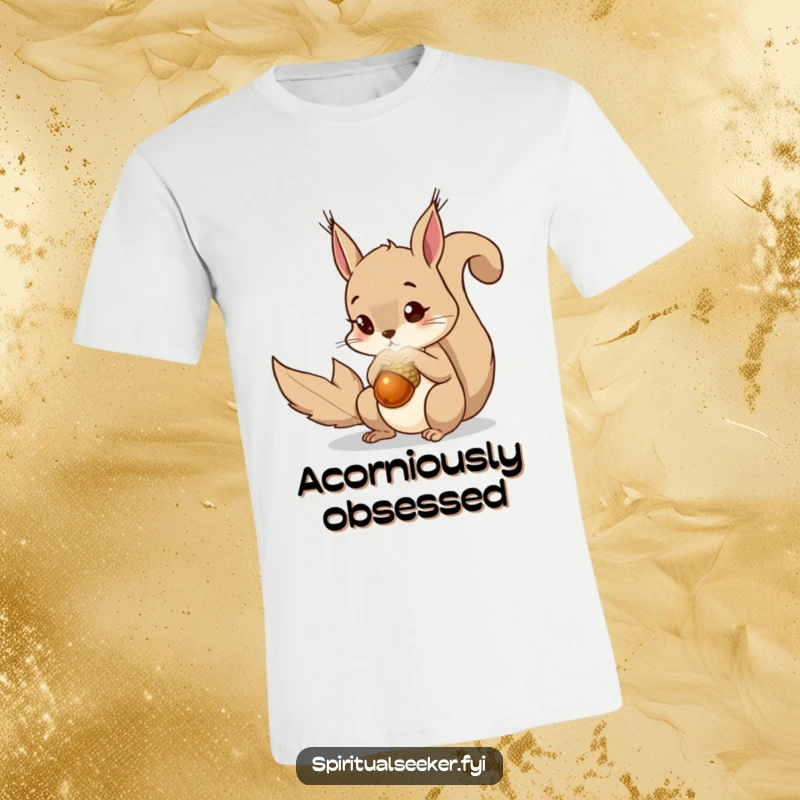 Funny squirrel t-shirt with a curious squirrel intently gazing at a glowing, magical acorn. Great for nature fans.