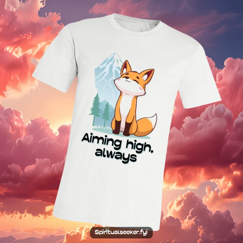 Funny Fox T-Shirt: Determined fox stretching towards a mountain peak, a design radiating humorous ambition.