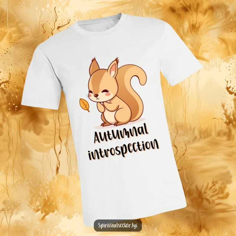 Funny t-shirt showcasing a kawaii squirrel in deep contemplation over a falling leaf, capturing autumn's serene and thoughtful essence.