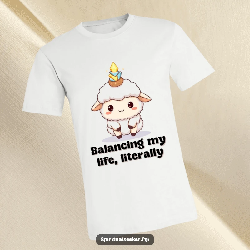 Funny Sheep T-Shirt: Cute fluffy sheep balancing glowing crystals on head, symbolizing peaceful yet humorous focus.