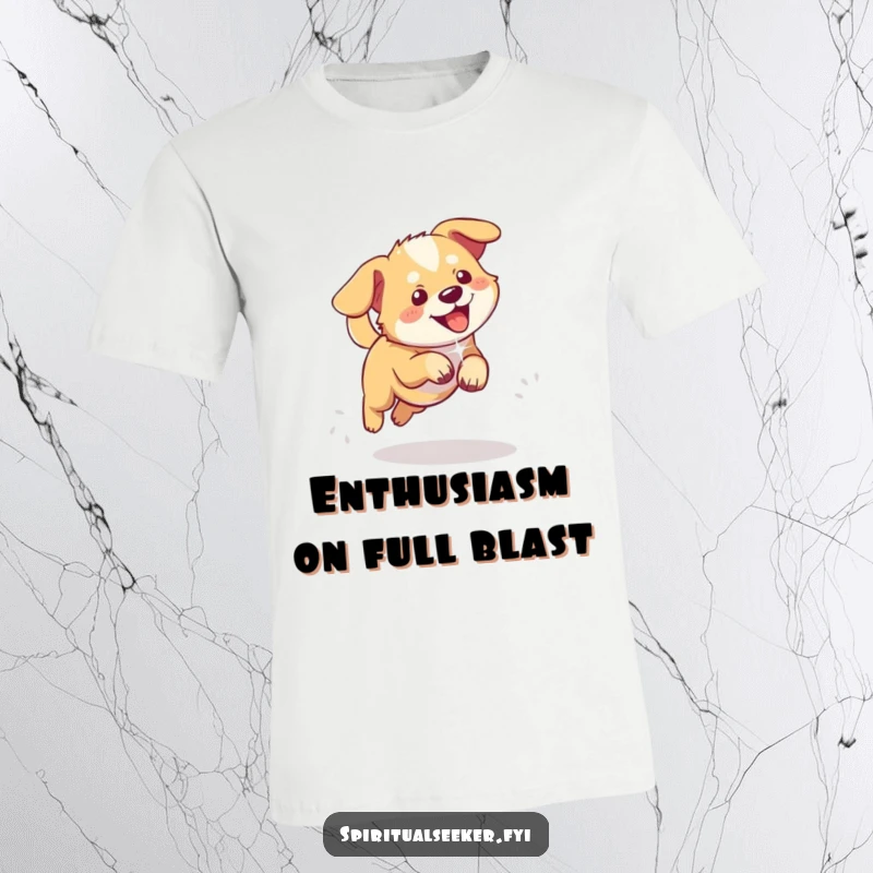 Funny t-shirt featuring a playful dog enthusiastically chasing a shimmering, ethereal light, full of energy.