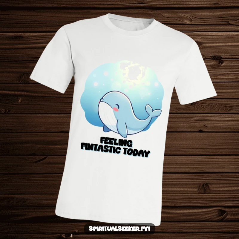 Funny whale t-shirt featuring a thoughtful whale looking up in awe at a radiant, magical underwater glow. Unique funny gift.