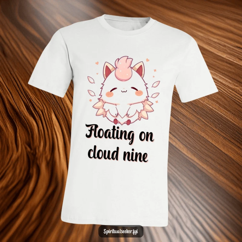 Funny Kawaii creature T-shirt featuring a peaceful smile and gentle feathers floating peacefully, evoking a sense of calm.