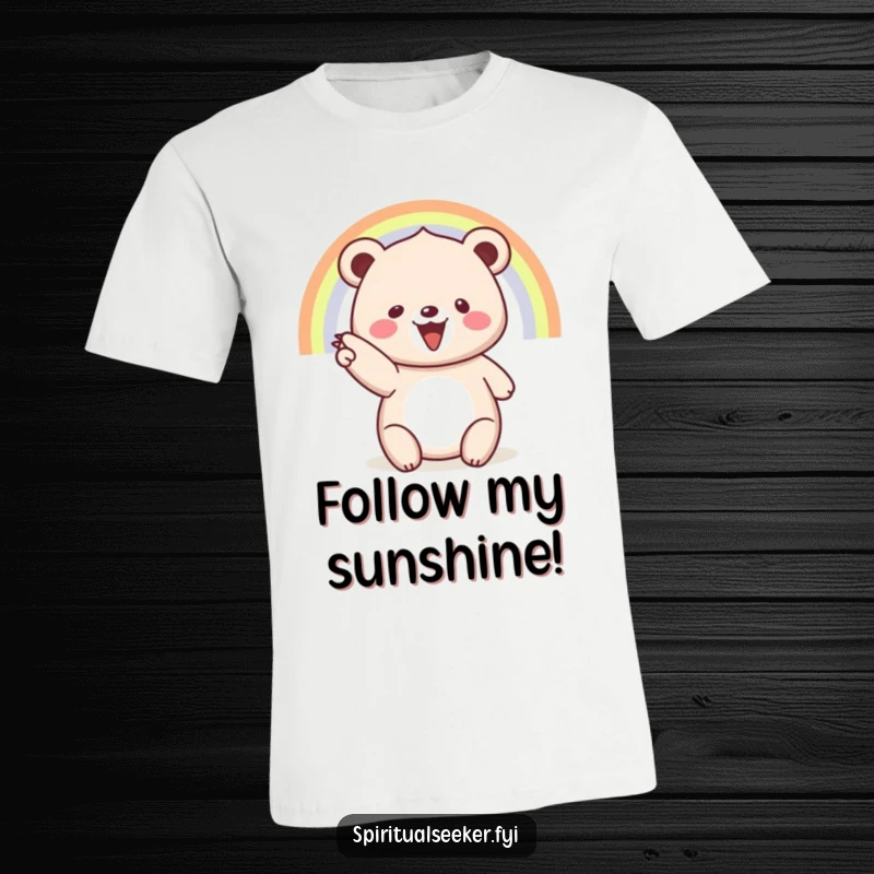 Funny t-shirt: An ecstatic bear gestures towards a brilliant rainbow, symbolizing hope and happiness.