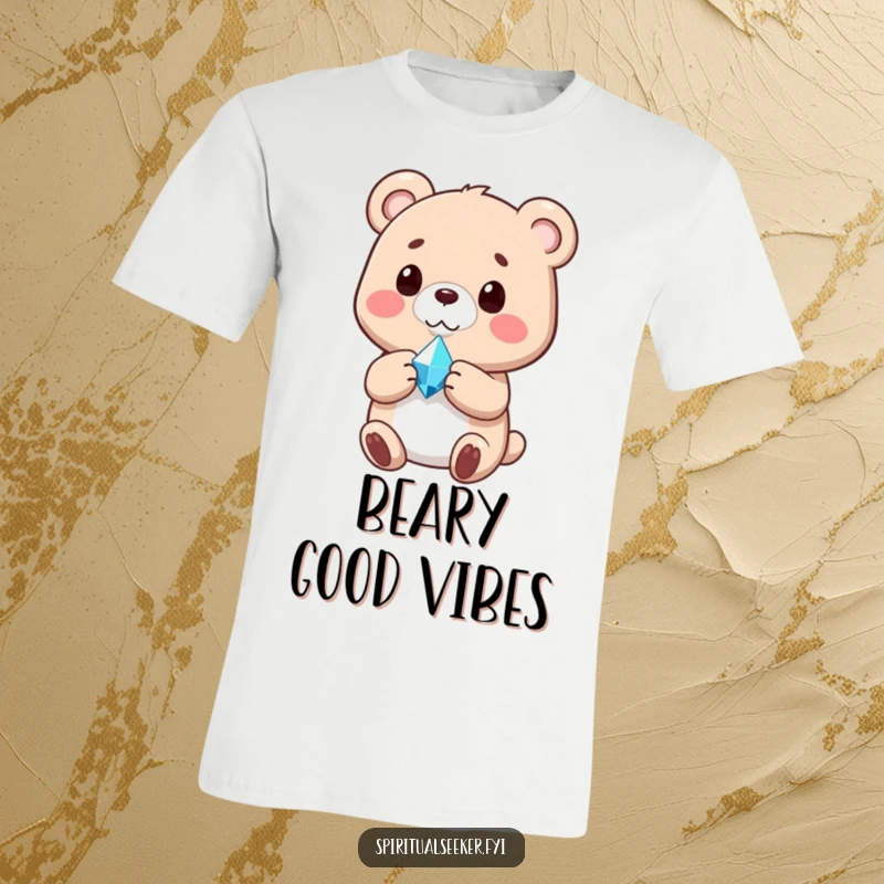 Funny t-shirt displaying a peaceful bear holding a small, radiant crystal, exuding tranquility and gentle humor.