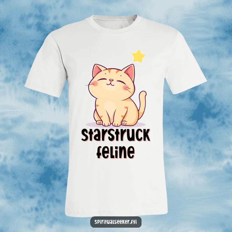 Funny contented cat t-shirt, looking up at a twinkling star, capturing a moment of peaceful aspiration and feline humor.