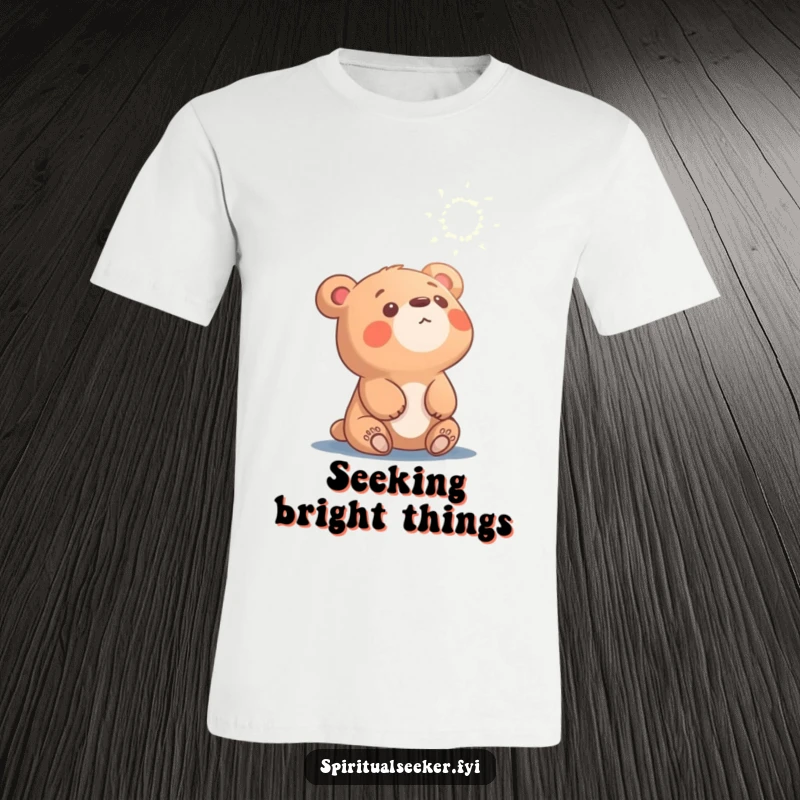Funny curious bear t-shirt, character gazes at ethereal light, symbolizing curiosity and adventure. Perfect for casual wear.