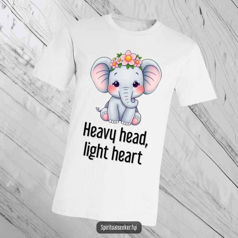 Funny t-shirt featuring a serene elephant with a flower crown, looking peaceful and happy, ideal funny gift for animal lovers.