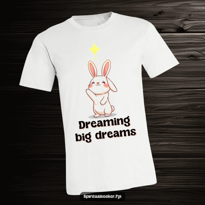 Funny hopeful rabbit t-shirt, character reaching for glowing constellation, representing hope and ambition.