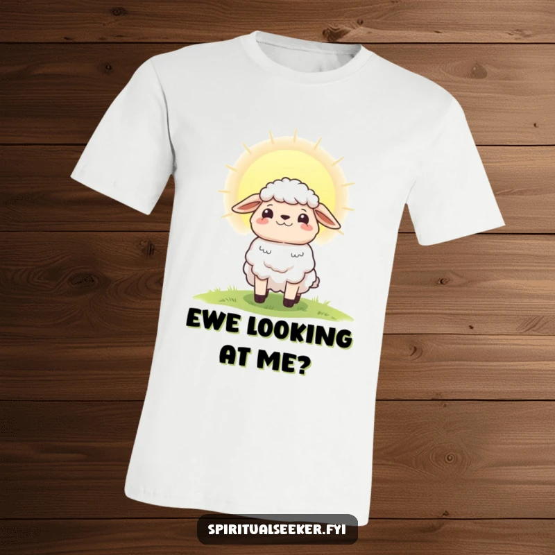 Funny t-shirt showcasing a hopeful sheep character with a radiant dawn backdrop, perfect for optimistic individuals.