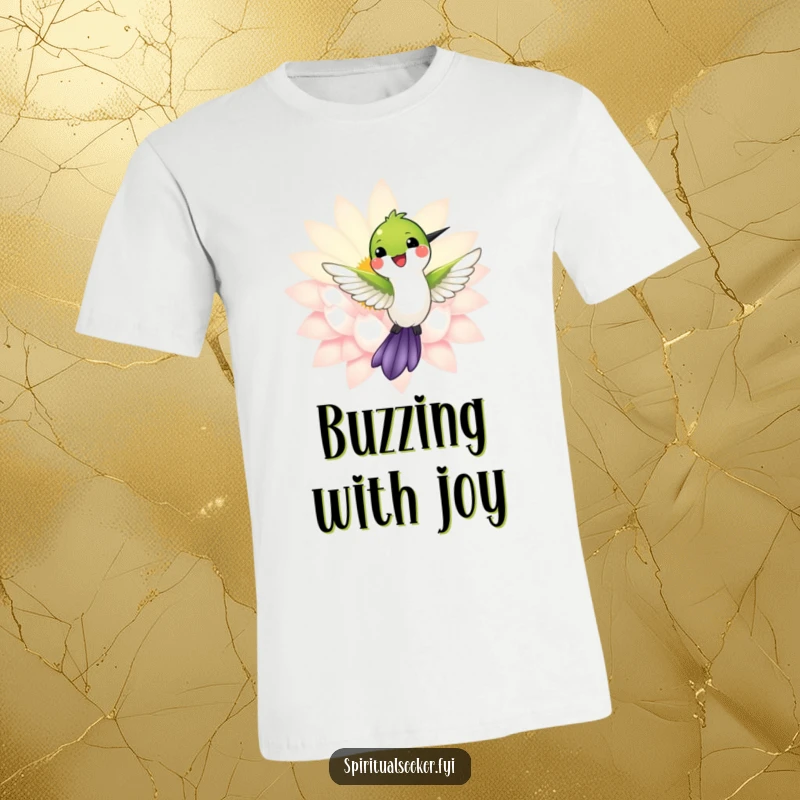 Funny t-shirt featuring a joyful hummingbird hovering close to a luminous lotus, radiating energy and happiness.