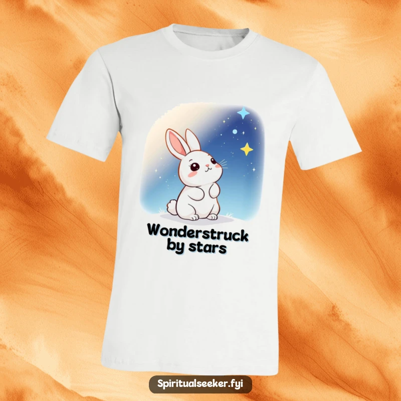 Funny T-Shirt: A cute kawaii rabbit looking up with awe at a celestial, star-filled sky, embodying wonder.