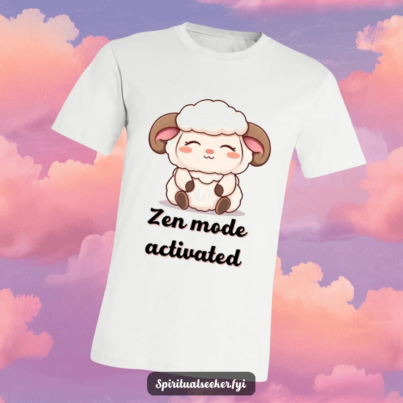 Funny sheep t-shirt showcasing a fluffy meditating character with a serene smile and closed eyes, promoting relaxation and humor.