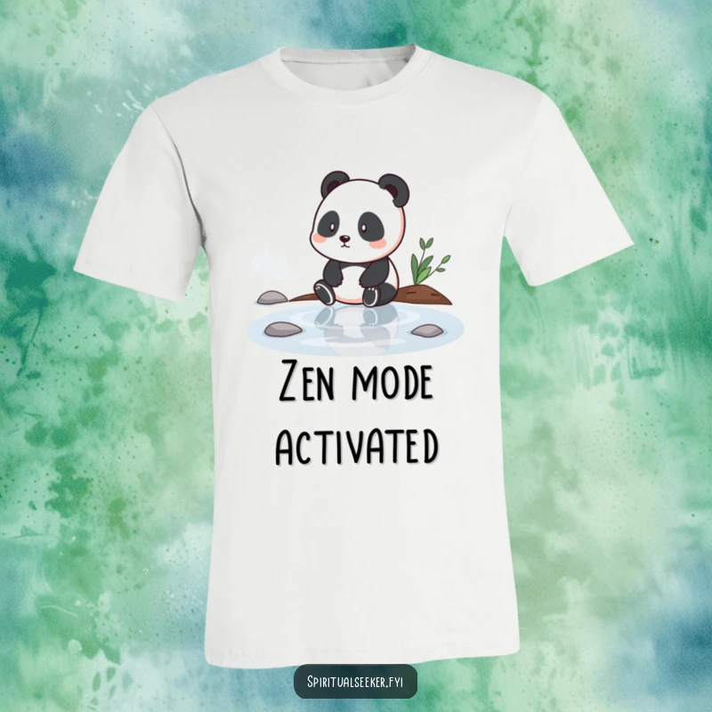 Funny t-shirt with a contemplative panda sitting near tranquil water, inspired by peaceful moments, an excellent funny gift.