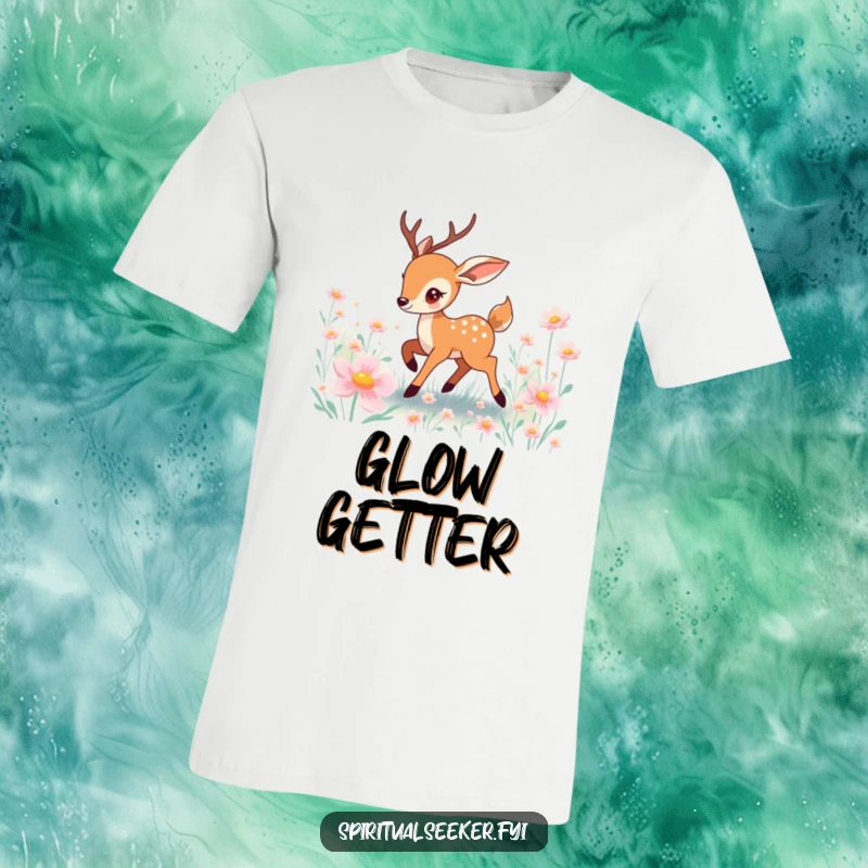 Funny deer t-shirt featuring a playful character prancing joyfully through a vibrant field of glowing flowers.