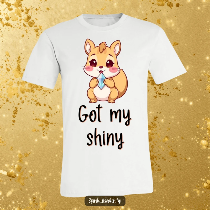 Funny t-shirt with a delighted squirrel character holding a sparkling crystal shard, full of excitement and fun, an excellent funny gift.