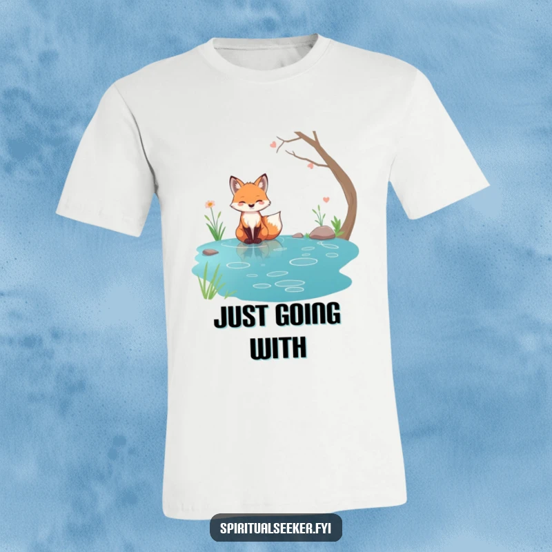 Funny tranquil fox t-shirt, character sitting by a stream, representing serenity and natural beauty.