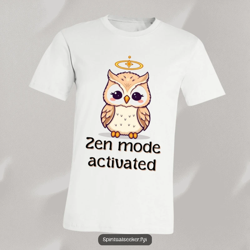 Funny Wise Owl meditating T-Shirt, a serene bird with a halo, embodying humor and peacefulness.