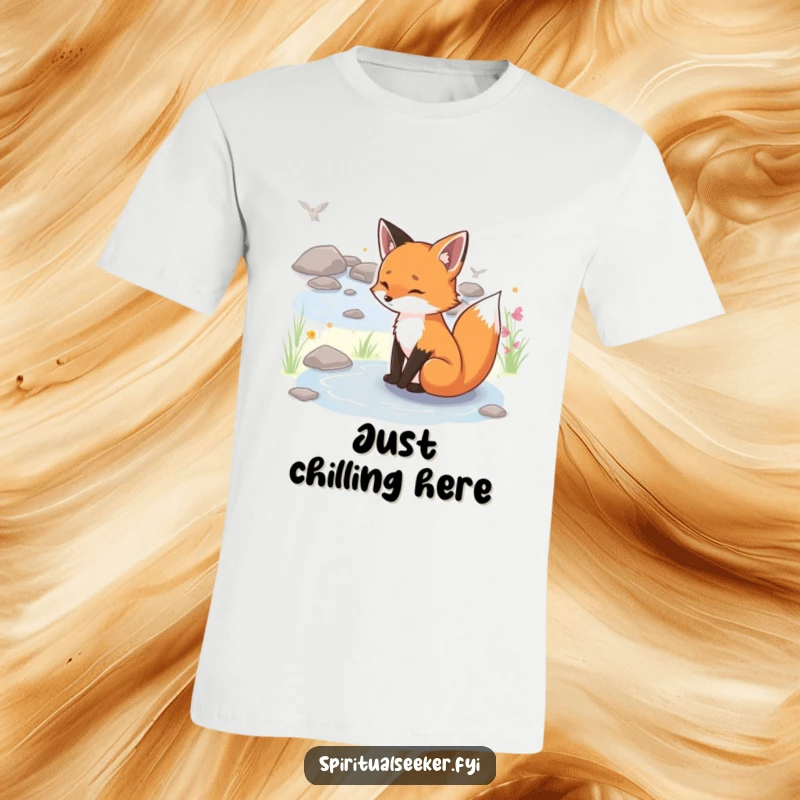 Funny serene fox t-shirt, depicting a peaceful fox sitting calmly beside a gentle stream, exuding natural humor.