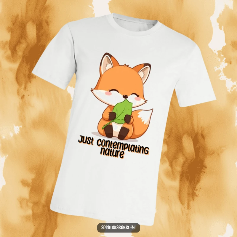 Funny t-shirt: A contemplative fox cherishes a delicate leaf, symbolizing tranquility and mindfulness.
