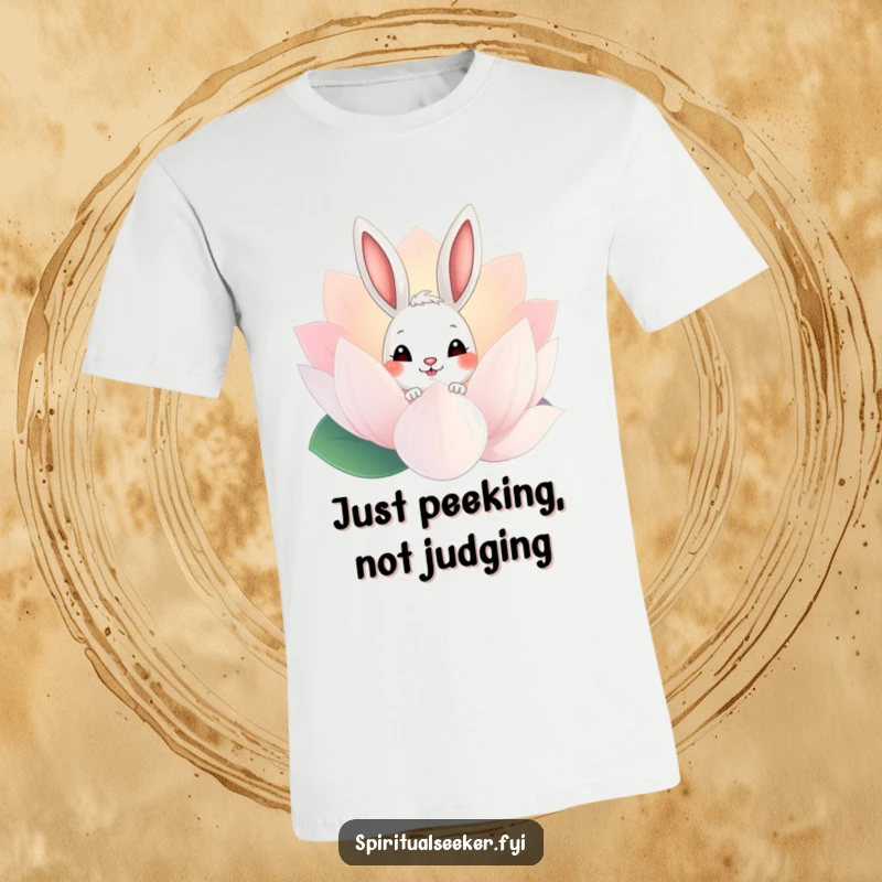 Funny Bunny T-Shirt: Curious rabbit peeking from behind a shimmering lotus flower, a design full of gentle humor.