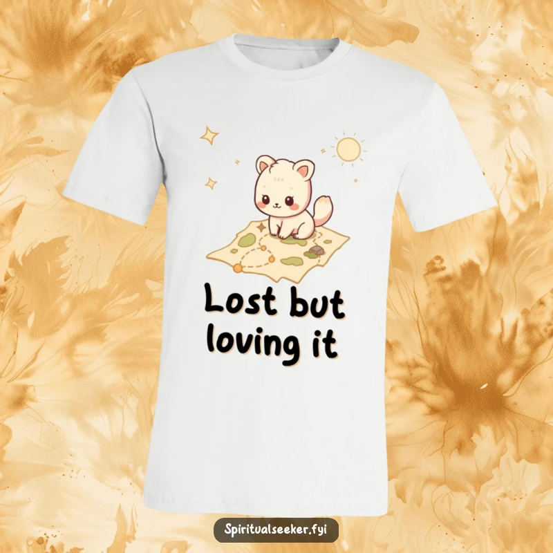 Funny Kawaii animal character T-shirt diligently tracing a path on an intricate mystical map, embodying a spirit of adventure.