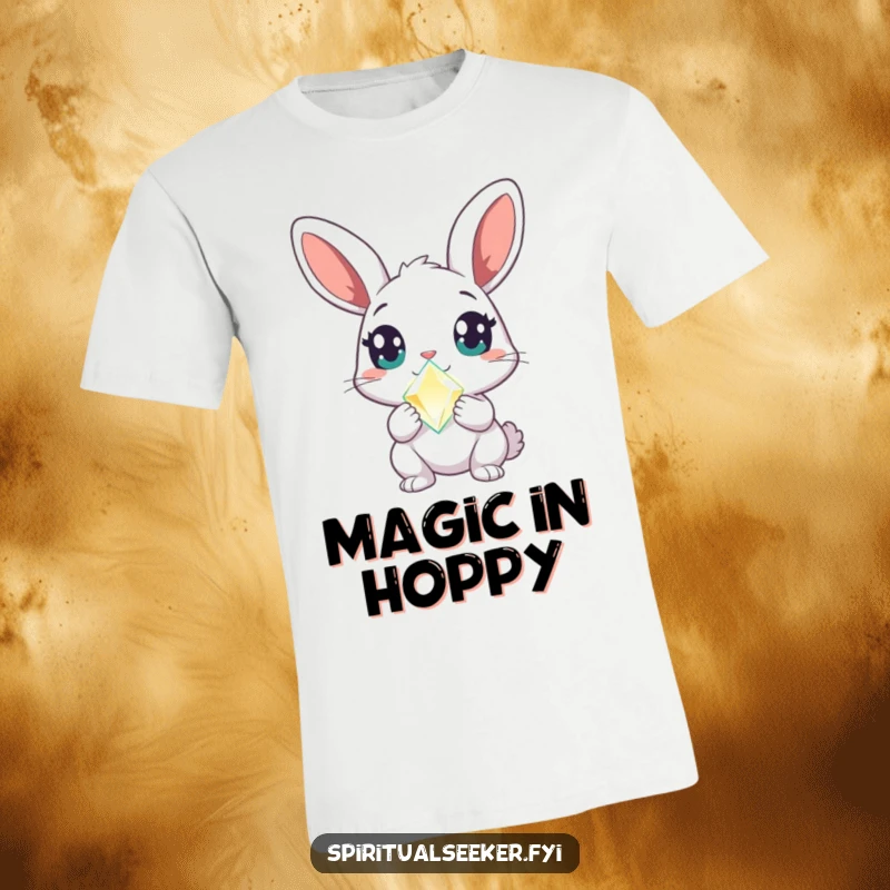 Funny rabbit t-shirt showing a curious character with wide, amazed eyes clutching a glowing crystal, symbolizing curiosity and enchantment.