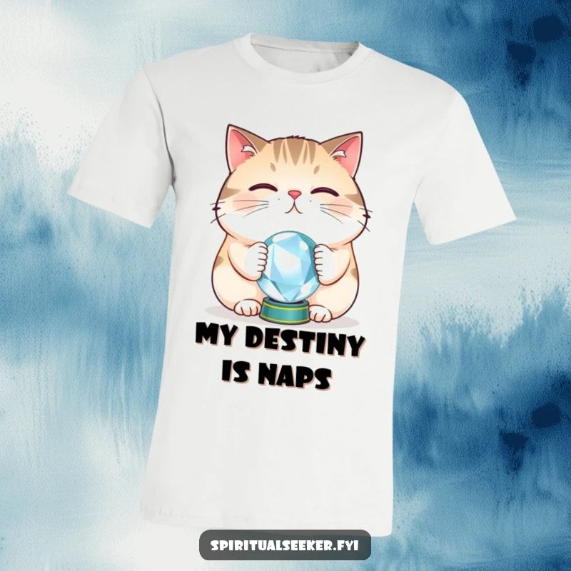 Funny cat t-shirt showing a plump cat attempting to balance a crystal ball on its nose, perfect for those who enjoy quirky humor.
