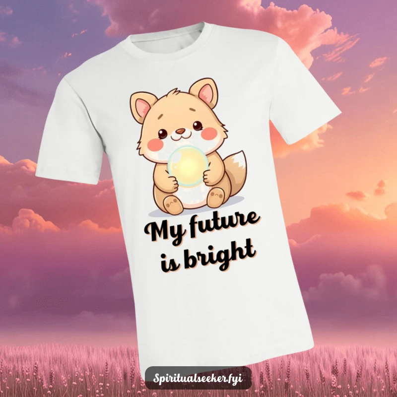 Funny Kawaii Animal T-Shirt holding a mystical glowing crystal ball, radiating humor and good vibes, ideal for gifting.
