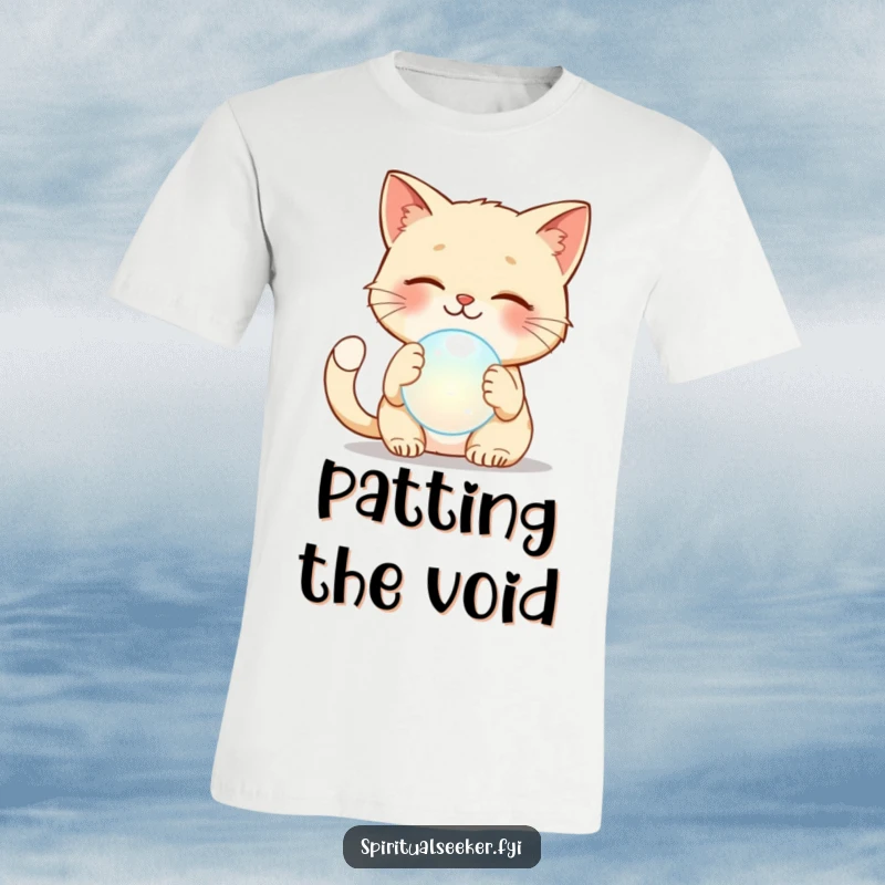 Funny cat t-shirt showcasing a smiling cat playfully interacting with a glowing, ethereal orb, perfect for humor lovers.