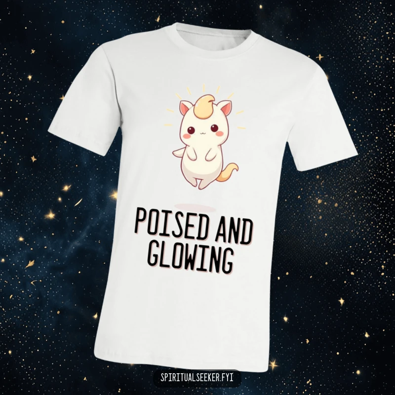 Funny T-Shirt depicting a delightful Kawaii creature balancing precariously on one toe, radiating a warm, gentle light.