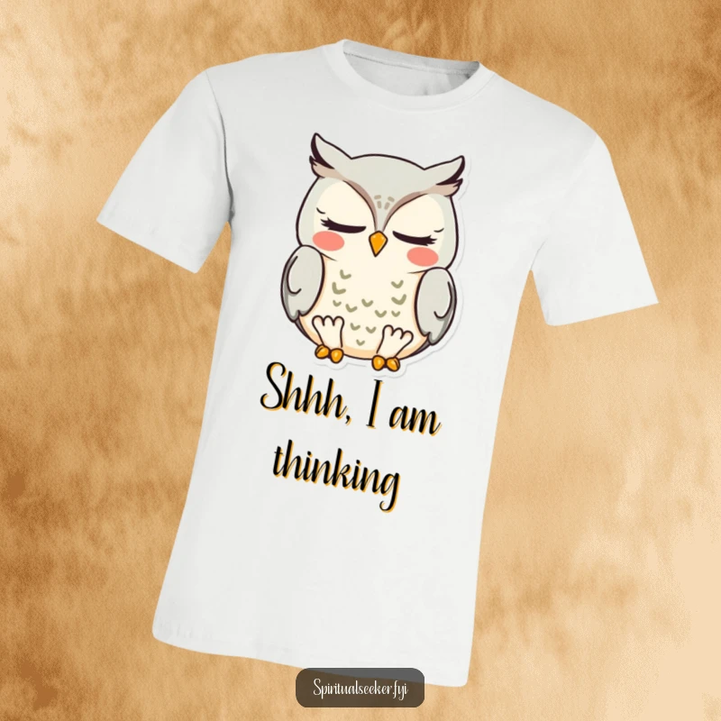 Funny meditating owl t-shirt, depicted with closed eyes and a serene smile, radiating peaceful vibes.