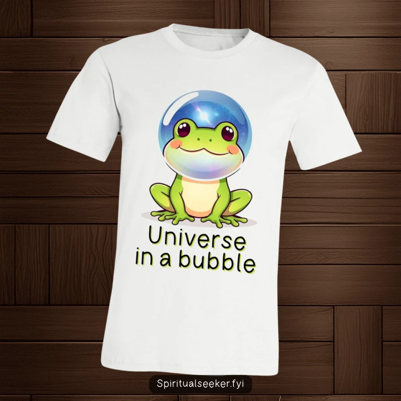 Funny frog t-shirt showing a happy amphibian blowing a bubble containing a miniature galaxy, perfect for dreamers and lovers of whimsical humor.