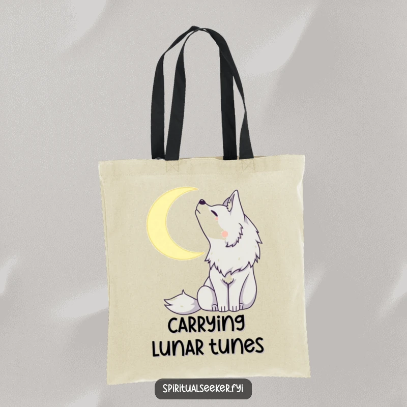 Funny tote bag with a peaceful wolf howling softly at a crescent moon, ideal for carrying items with a mystical flair.