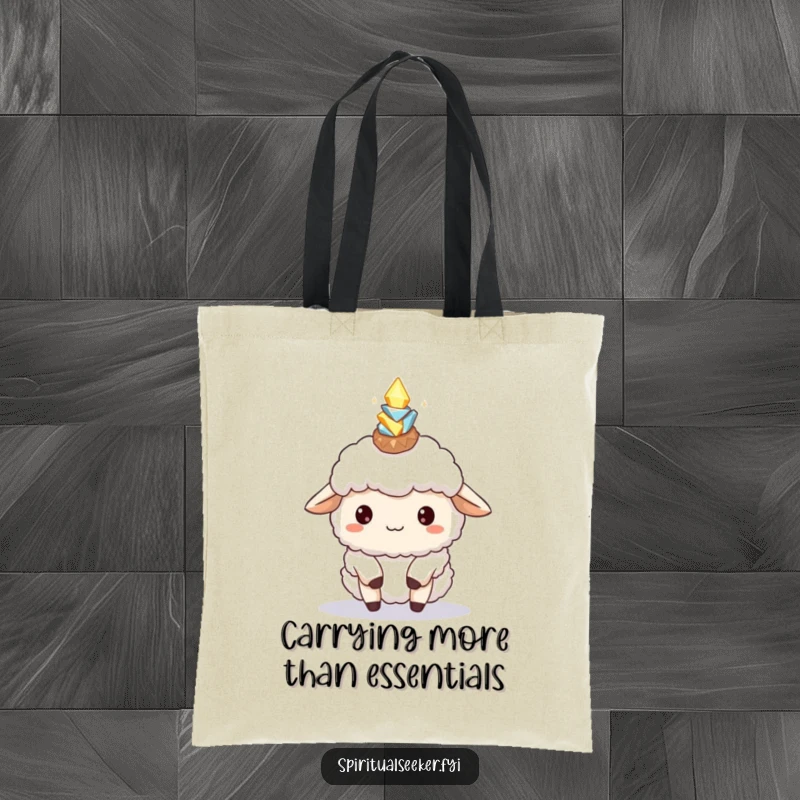 Funny Sheep Tote Bag: Adorable fluffy sheep balancing glowing crystals, a humorous and practical accessory.