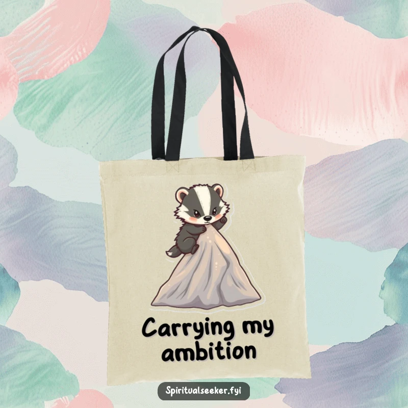 Funny determined badger tote bag with a character climbing a small, sparkling mountain peak, ideal for carrying aspirations and humor.