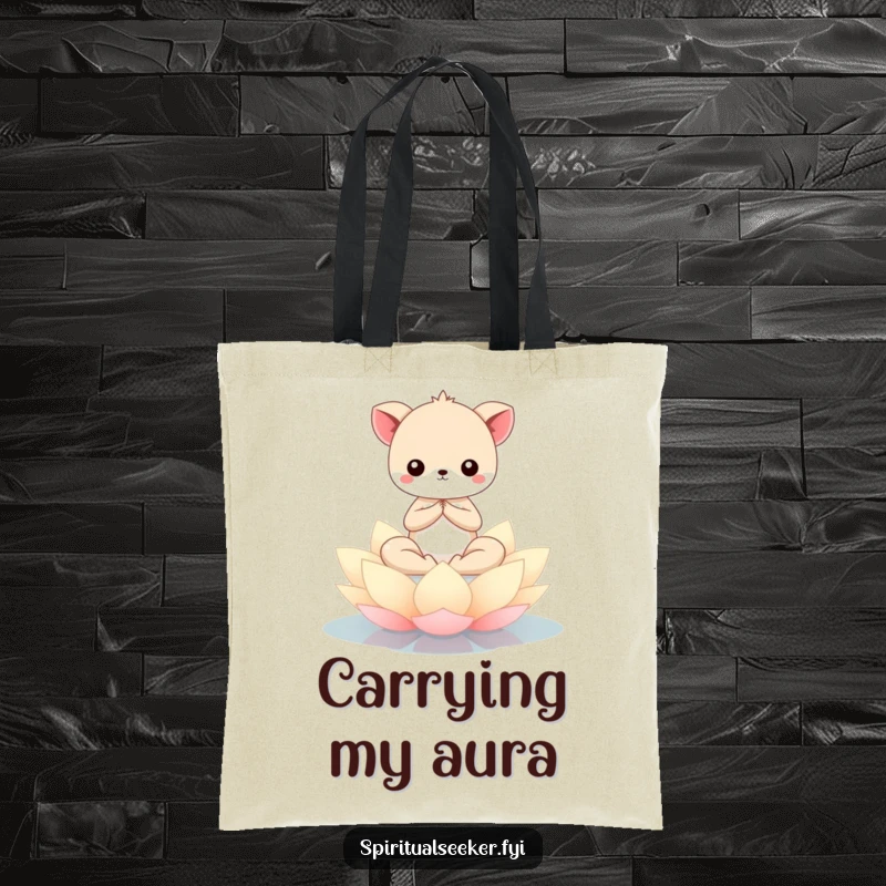 Funny Kawaii animal meditating serenely on a floating lotus flower, printed on a tote bag for carrying essentials with peaceful humor.