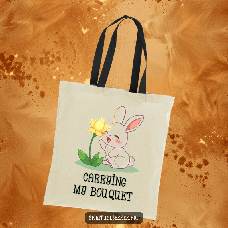 Funny joyful rabbit tote bag, showing a rabbit sniffing a glowing flower. A charming and humorous accessory for shopping and errands.
