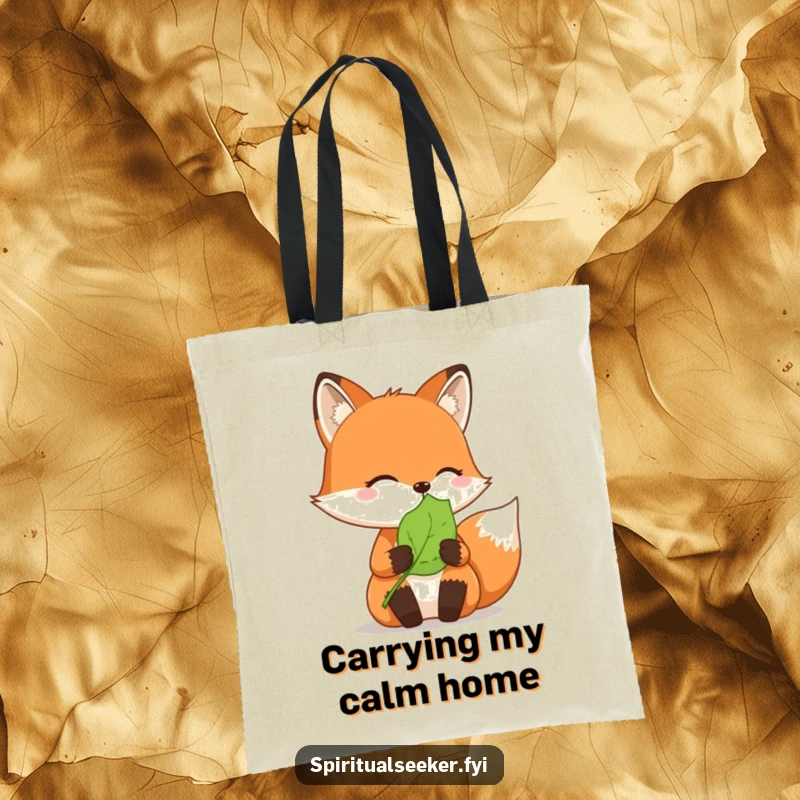 Funny tote bag: A serene fox holds a tranquil leaf, ideal for carrying daily essentials with style.