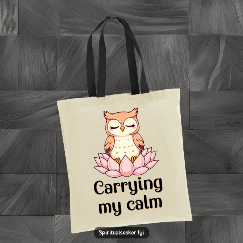 Funny Tote Bag: A kawaii owl meditating gracefully on a lotus, perfect for carrying daily necessities with Zen.