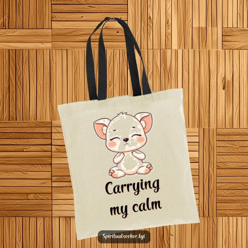 Funny Kawaii animal in a gentle yoga pose with eyes closed, printed on a tote bag for carrying essentials with peaceful humor.
