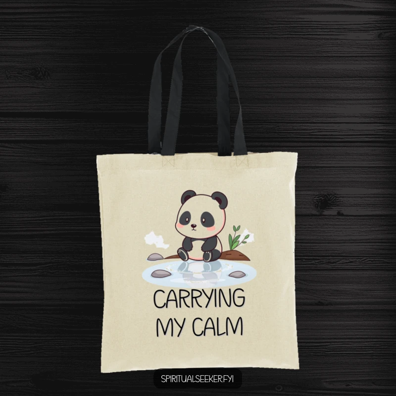 Funny tote bag featuring a contemplative panda near tranquil water, ideal for mindful shopping and carrying essentials, a perfect funny gift.