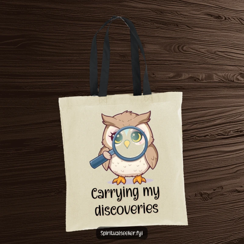 Funny owl aura tote bag showing a bird examining a shimmering energy field with a magnifying glass, perfect for carrying items with insight.