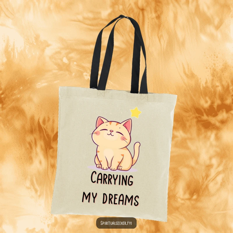 Funny contented cat tote bag, showing a cat gazing at a twinkling star. A charming and humorous accessory for everyday use.