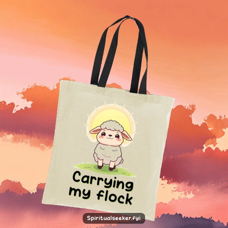Funny tote bag showing a hopeful sheep character embracing a radiant dawn, ideal for carrying daily essentials with joy.