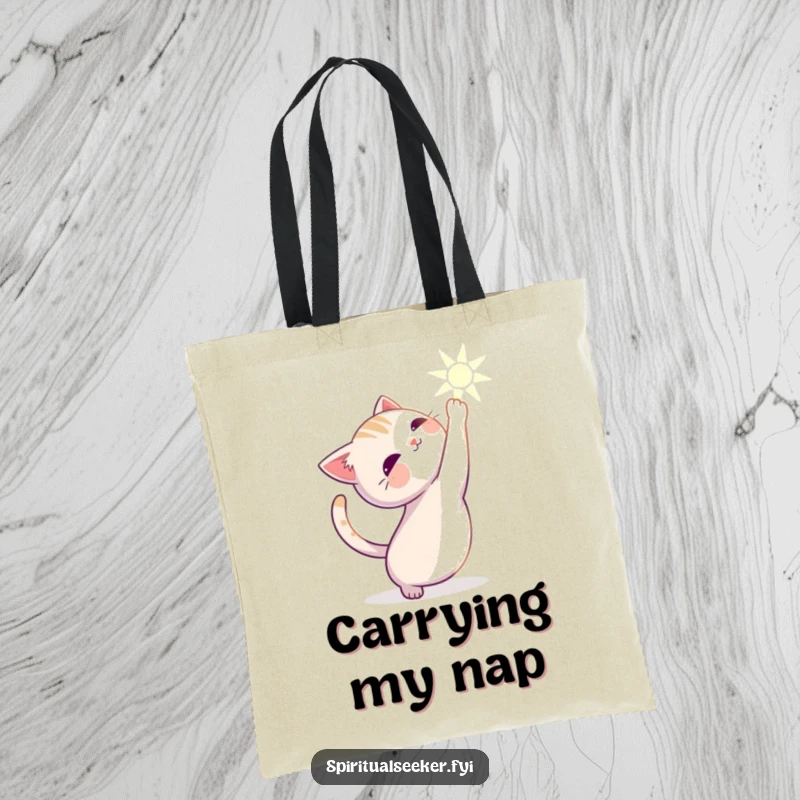 Funny cat tote bag featuring a serene character stretching gracefully towards a soft, warm beam of light.