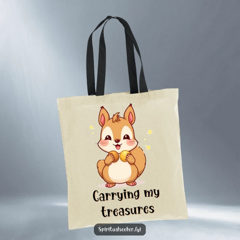 Funny tote bag depicting a cheerful squirrel character generously sharing glowing nuts with a group of delighted friends.