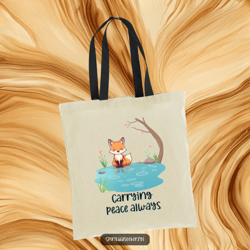 Funny tranquil fox tote bag, character by a serene stream, symbolizing peace and love for nature.