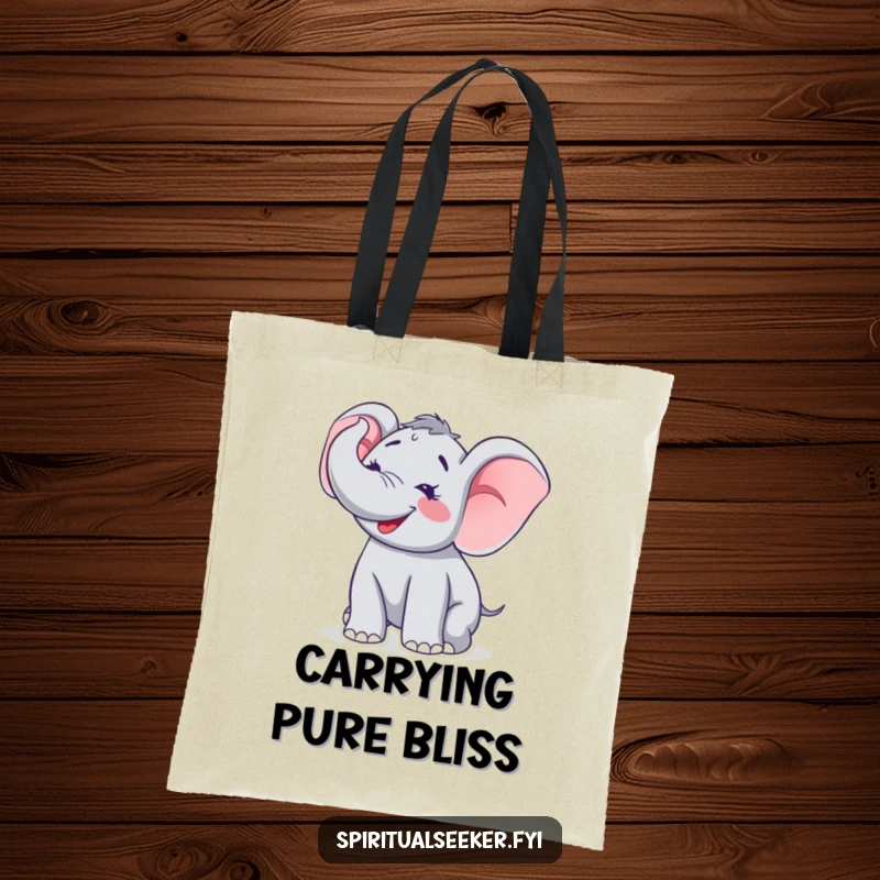 Funny tote bag featuring a delighted elephant trumpeting joyfully towards the sky, perfect for carrying items with a happy vibe.